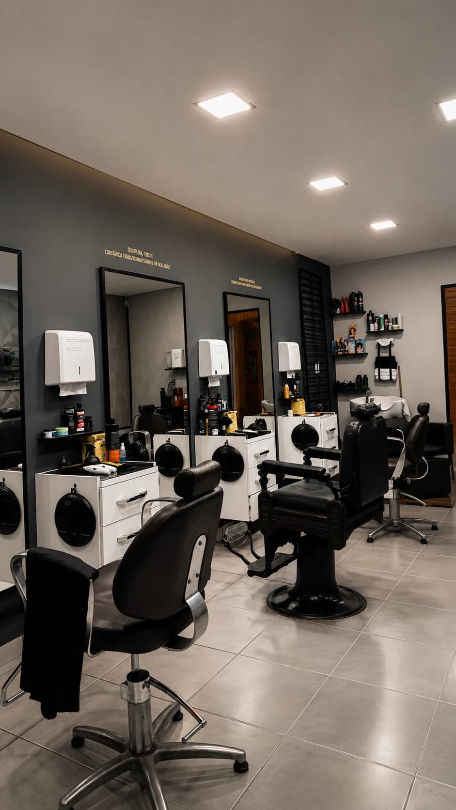 Salão da barbearia com as cadeiras e os espelhos